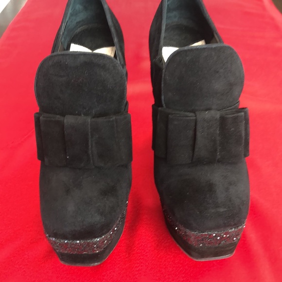 Mic Miu black suede bow booties with glitter platform - Picture 2 of 11